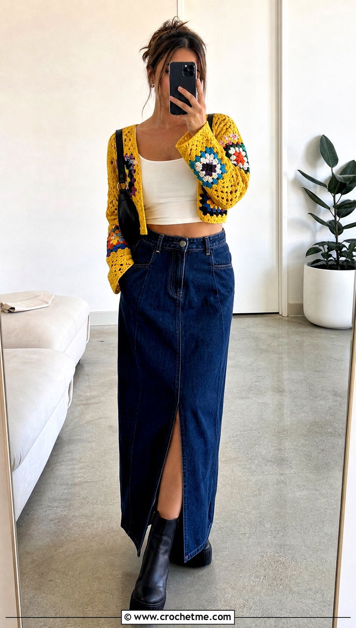 Cropped Patchwork Cardigan With a Denim Maxi Skirt - 30 crochet patch work cardigan outfit ideas