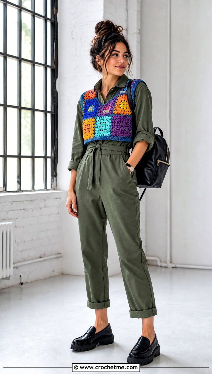 Cropped Patchwork Crochet Sweater Vest Over a Utility Jumpsuit - 15 Cropped Crochet Sweater Vest outfit ideas