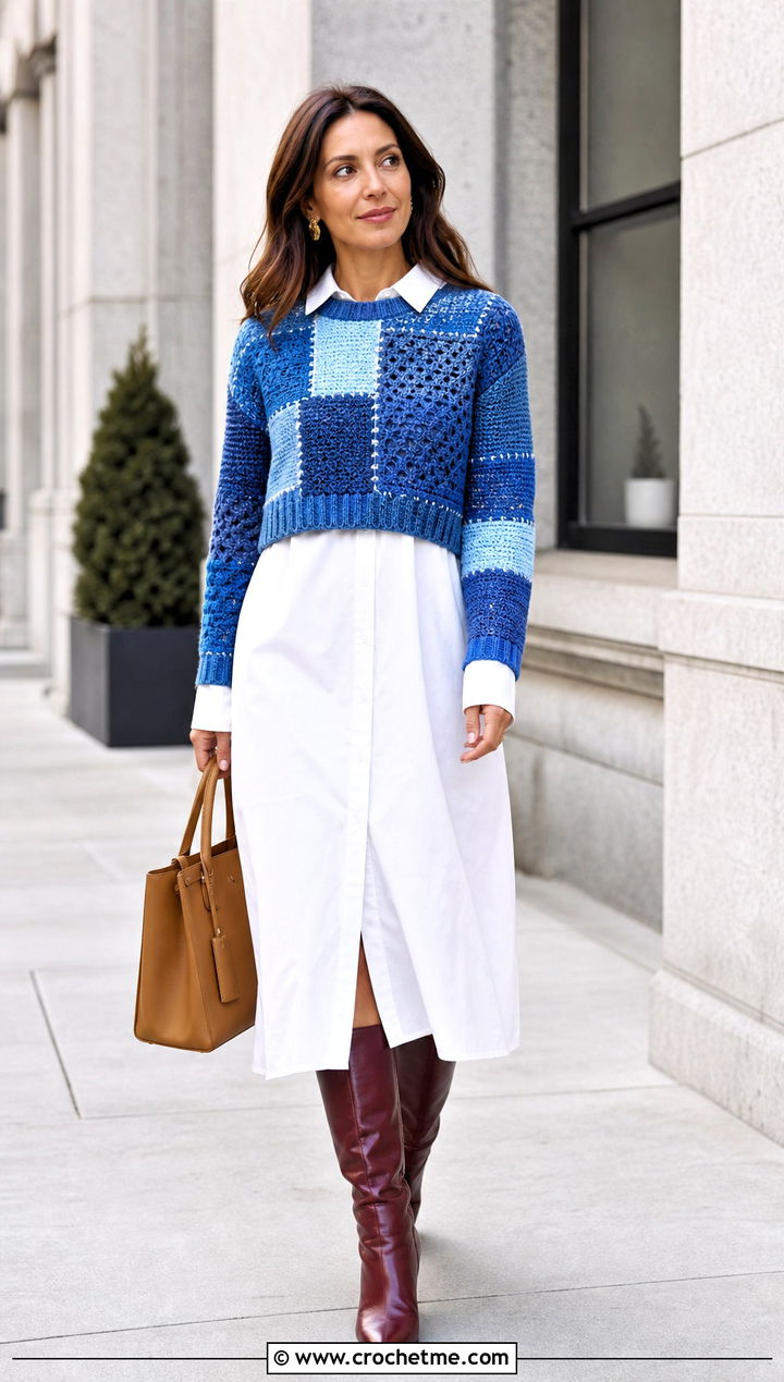 Cropped Patchwork Crochet Sweater With Shirt Dress - 25 vintage crochet sweater outfit ideas