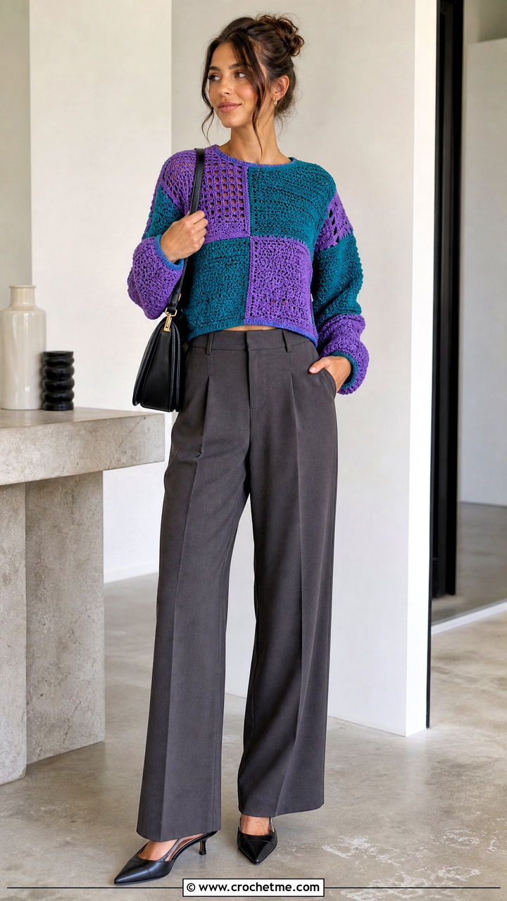 Cropped Patchwork Crochet Sweater With Wide Leg Trousers - 35 patchwork crochet sweater outfit ideas