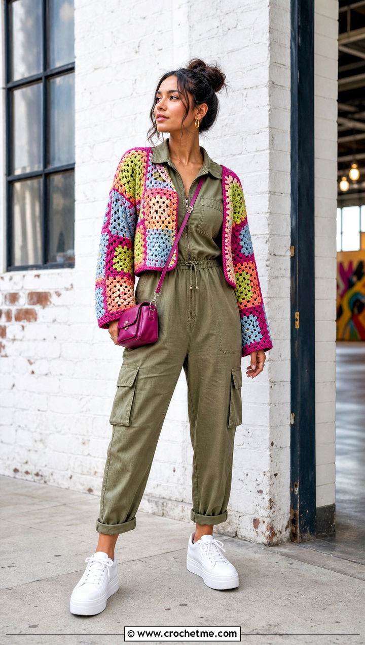 Cropped Patchwork Granny Square Cardigan With Utility Jumpsuit - 25 pastel granny square cardigan outfit ideas