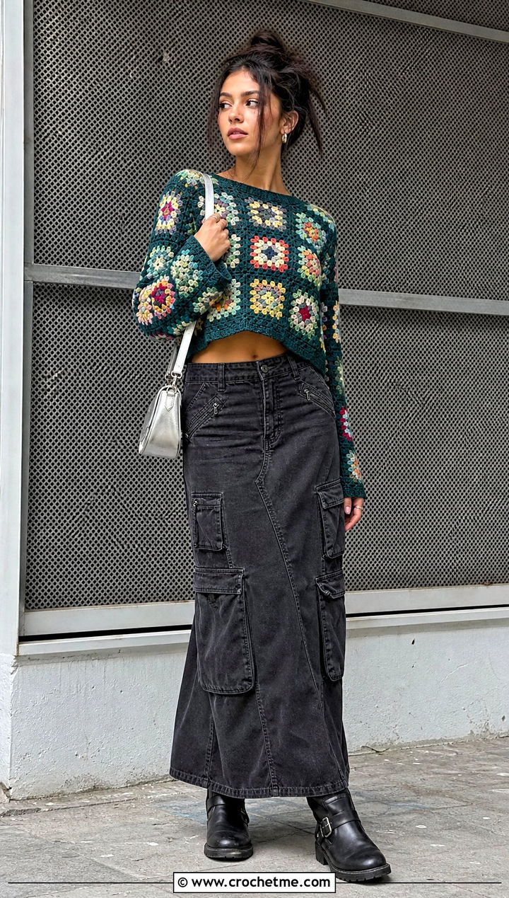 Cropped Patchwork Granny Square Sweater With Cargo Maxi Skirt - 25 granny square stitch sweater outfit ideas