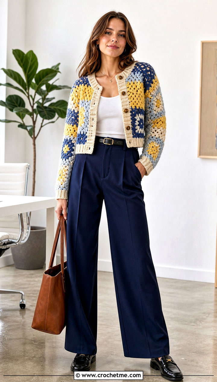 Cropped Patchwork Harry Styles Cardigan With Tailored Trousers - 15 Crocheting Harry Styles Cardigan outfit ideas