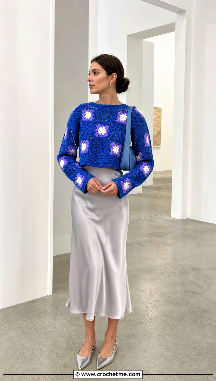 Cropped Patchwork Jumper With Satin Midi Skirt - 15 crochet patchwork jumper outfit ideas