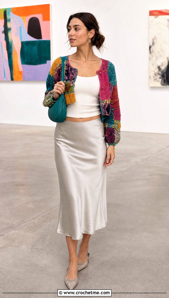 Cropped Patchwork Scrap Cardigan With Satin Midi Skirt - 15 Crochet Scrap Cardigan outfit ideas