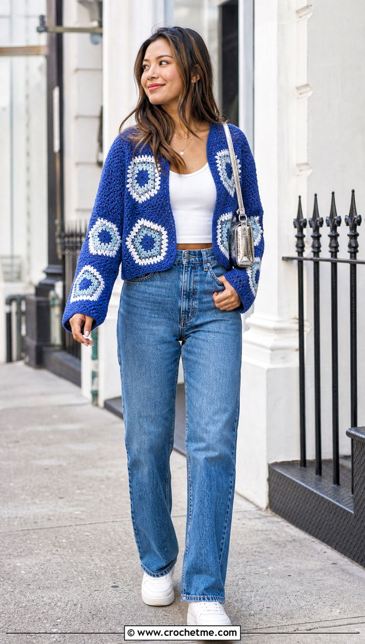 Cropped Pentagon Granny Square Cardigan With Straight Leg Jeans - 25 Pentagon Granny Square Cardigan outfit ideas