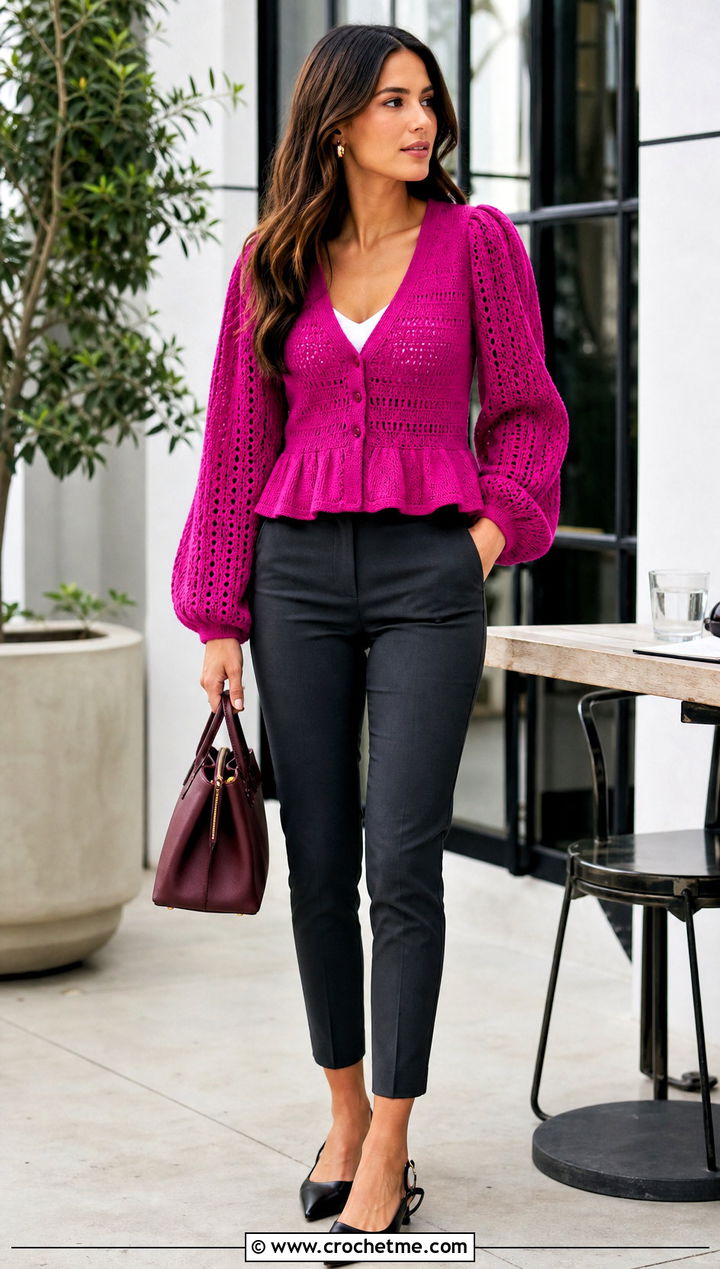 Cropped Peplum Crochet Balloon Sleeve Cardigan With Cigarette Pants - 30 crochet balloon sleeve cardigan outfit ideas