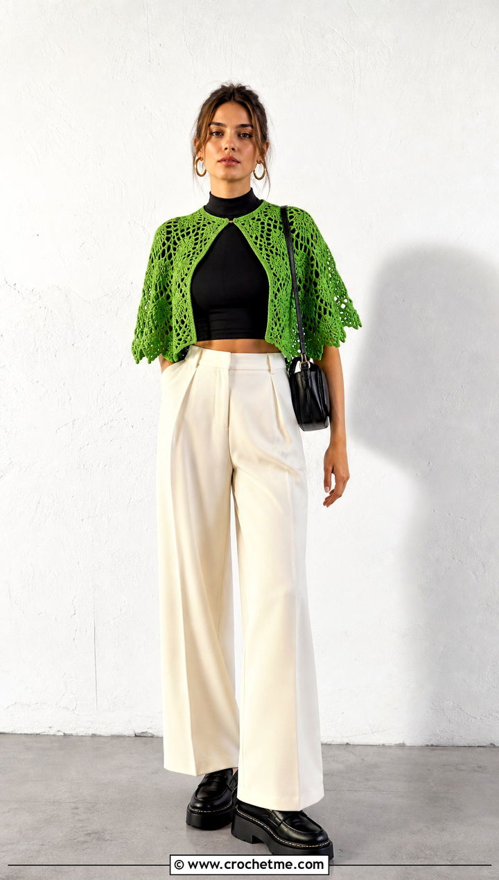 Cropped Pineapple Crochet Shawl With Wide Leg Pants - 25 pineapple crochet shawl outfit ideas