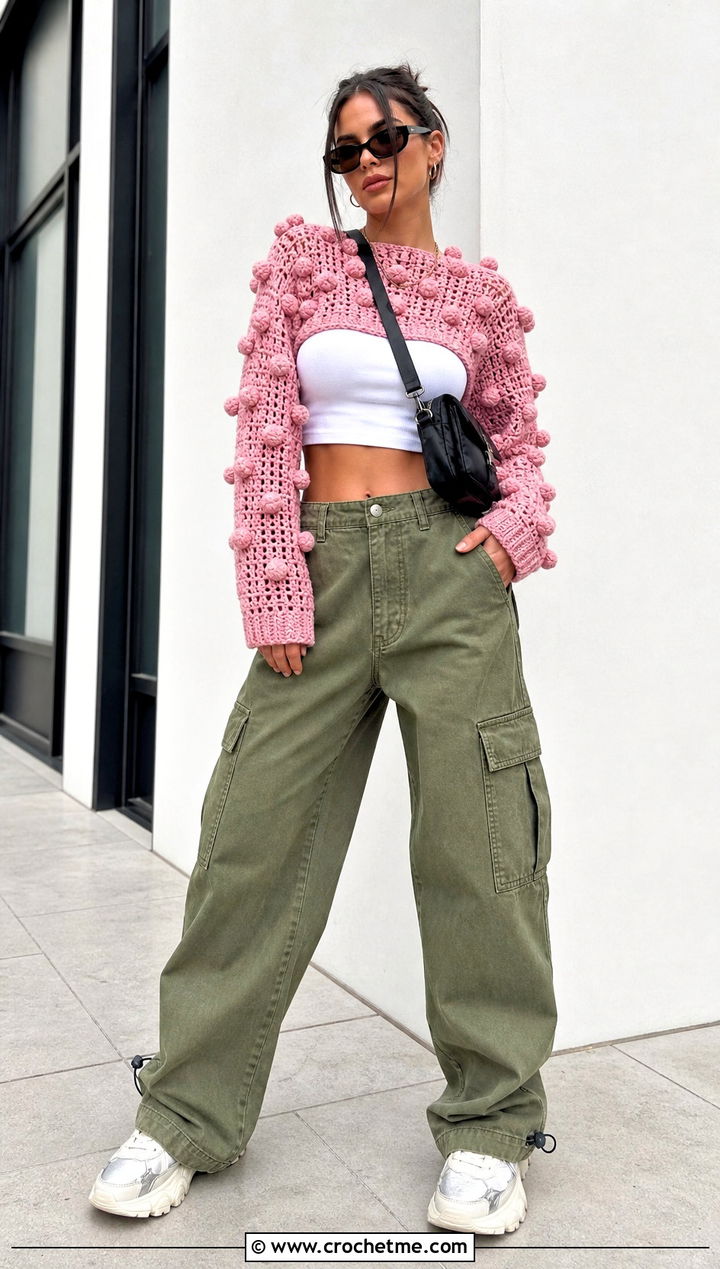 Cropped Pink Crochet Pom Pom Sweater With Cargo Pants - 15 pink crochet sweater with pom poms outfit ideas