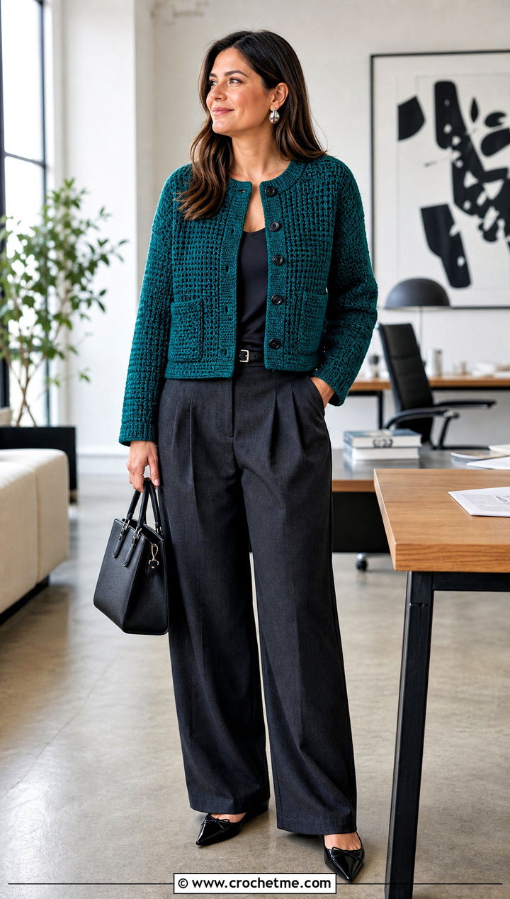 Cropped Pocket Crochet Cardigan With Wide Leg Trousers - 25 crochet sweater with pockets outfit ideas