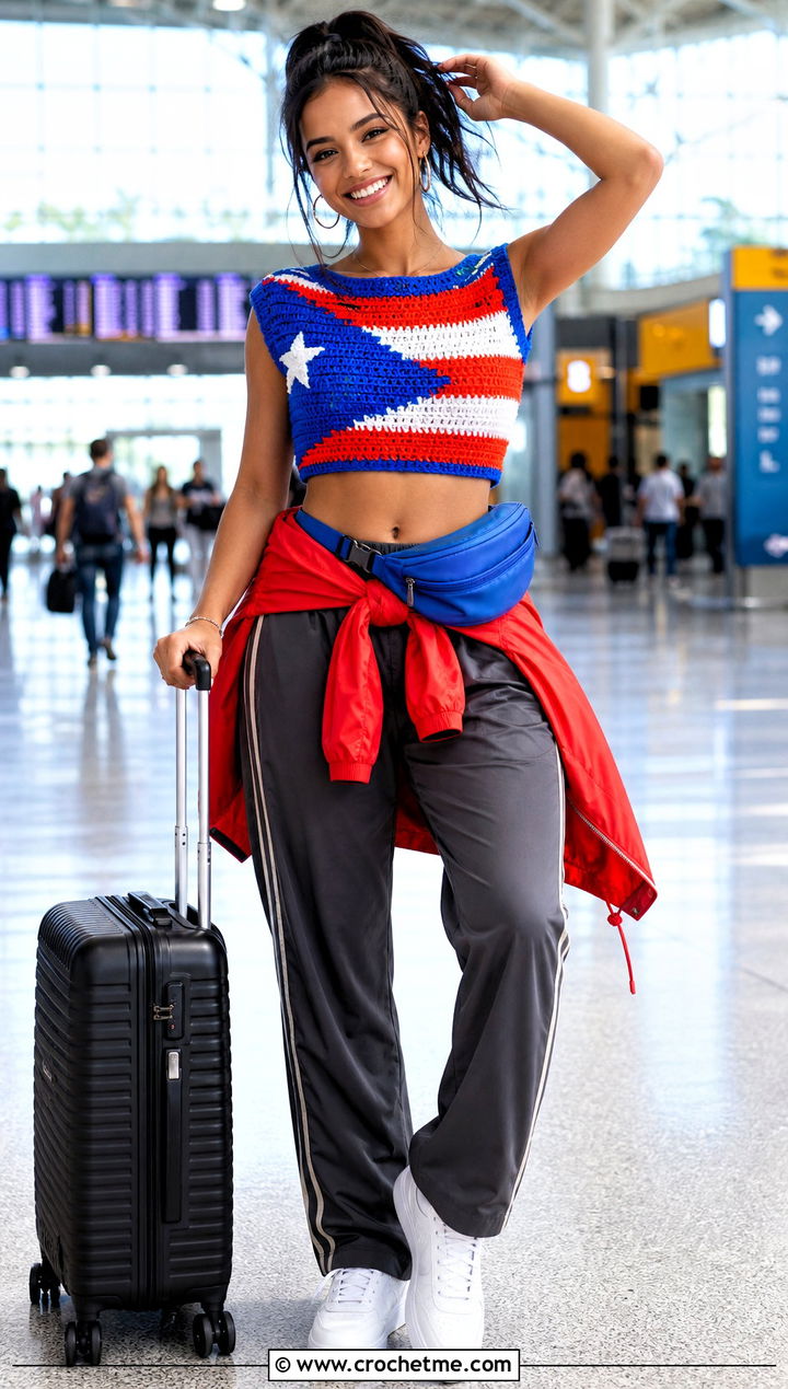 Cropped Puerto Rican Flag Crochet Tee With Track Pants - 20 Puerto Rican Flag Crochet Top outfit ideas