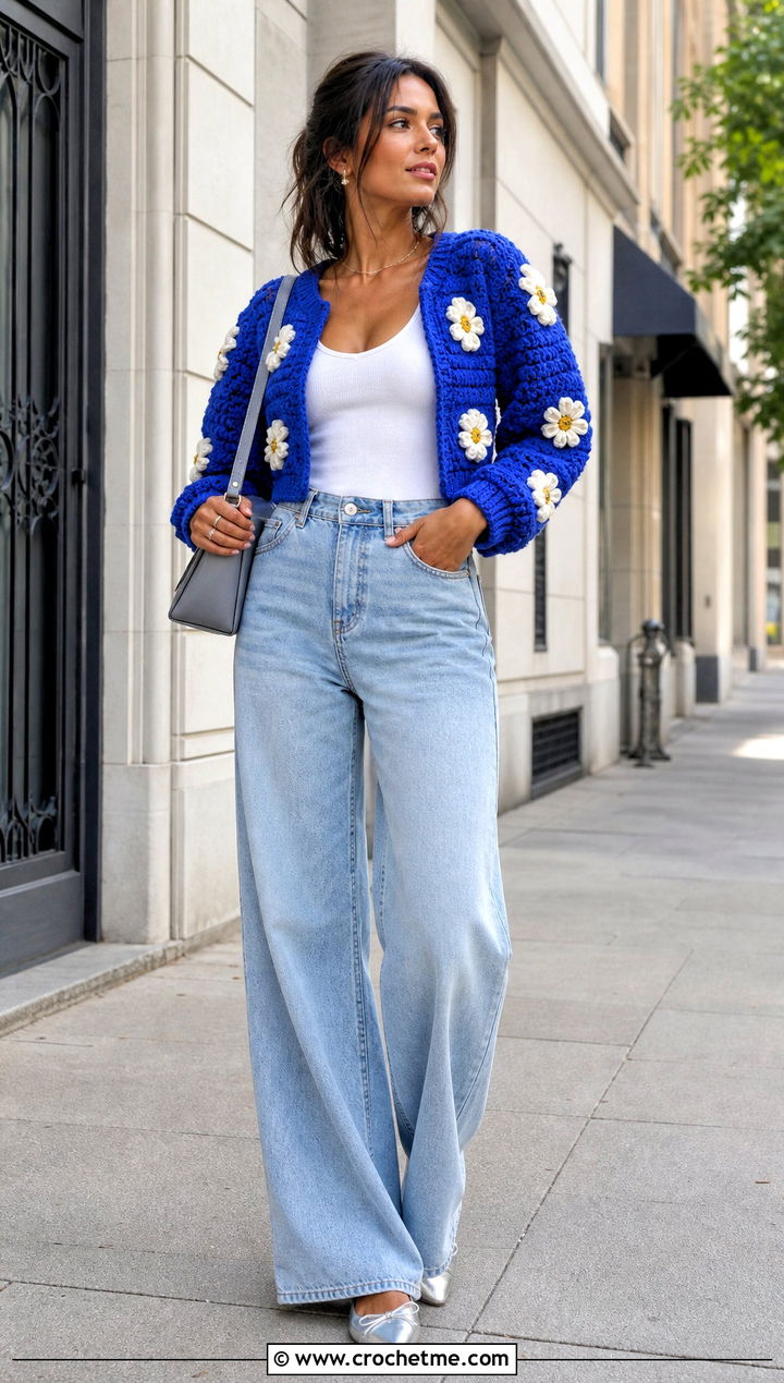 Cropped Puff Flower Crochet Cardigan With Wide Leg Jeans - 25 puff flower crochet cardigan outfit ideas