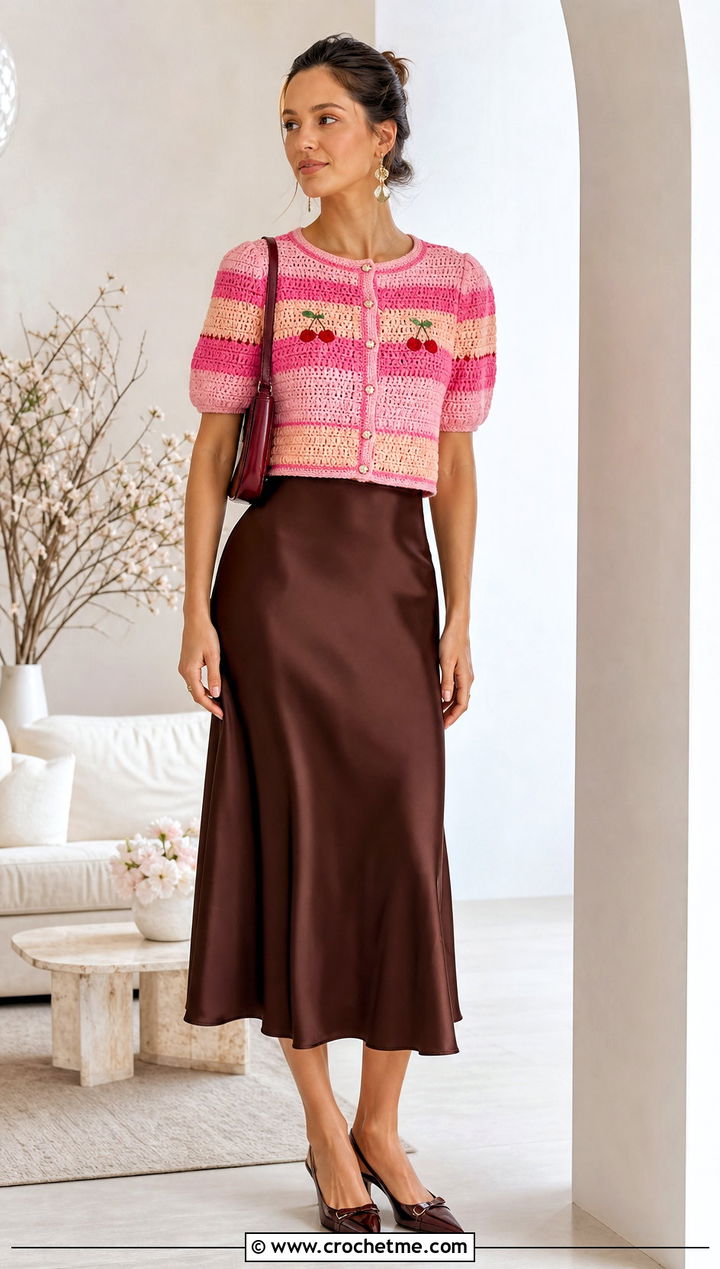 Cropped Puff Sleeve Stripe Crochet Cardigan With Satin Skirt - 25 striped crochet cardigan outfit ideas