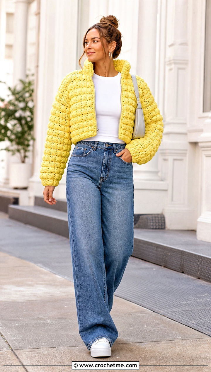 Cropped Puff Stitch Crochet Puffer Jacket With Wide Leg Jeans - 35 crochet puffer jacket outfit ideas