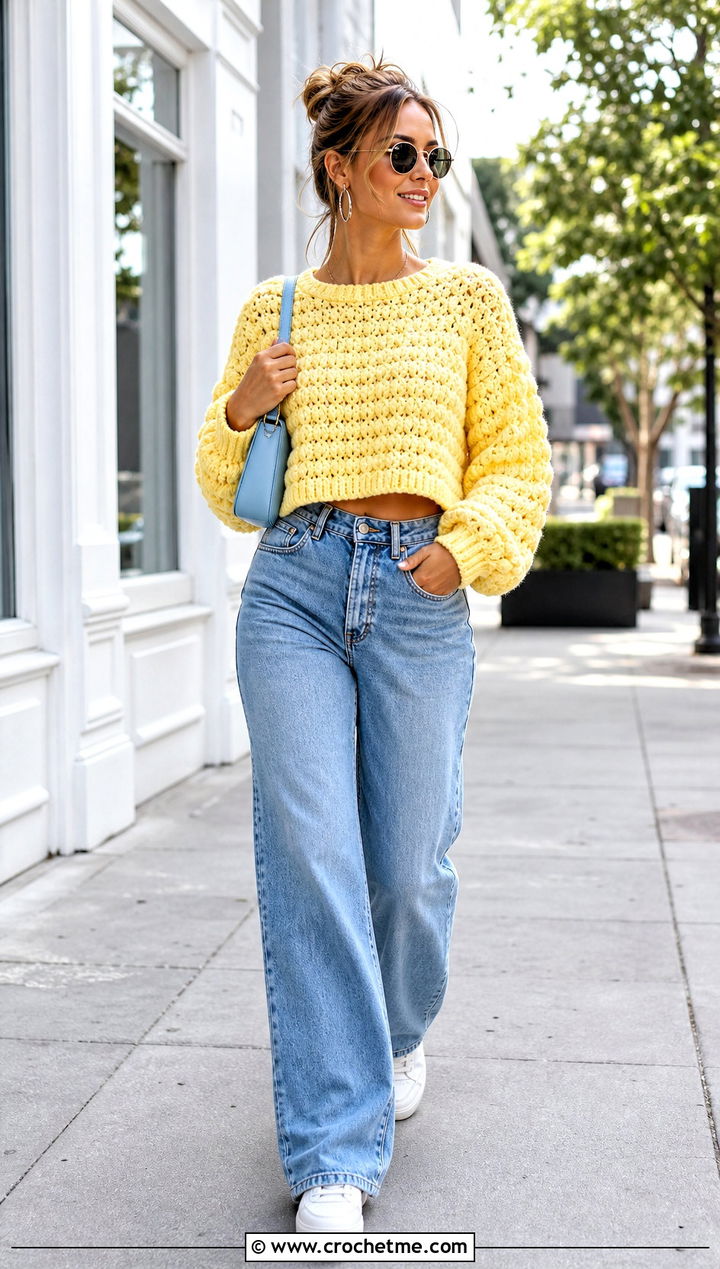 Cropped Puff Stitch Sweater With Wide Leg Jeans - 20 Crochet Puff Stitch Sweater outfit ideas