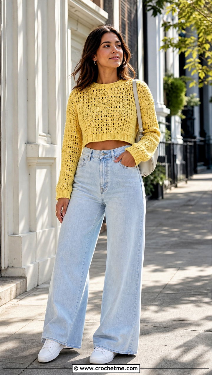Cropped Pullover Crochet Sweater With Wide Leg Jeans - 30 Pullover Crochet Sweater outfit ideas