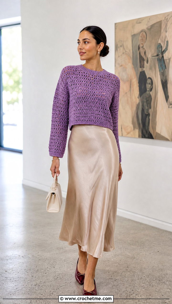 Cropped Purple Crochet Sweater With Satin Midi Skirt - 15 Purple Crochet Sweater outfit ideas
