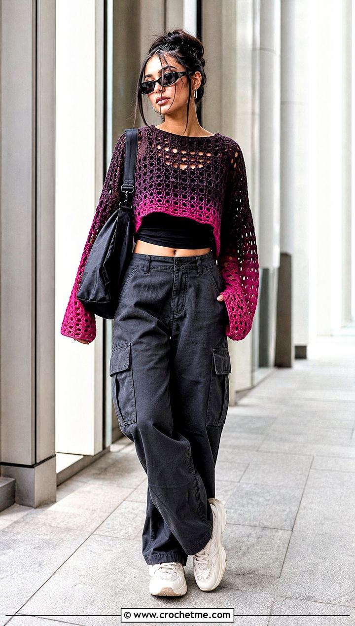 Cropped Purple Ombre Mesh Crochet Sweater With Cargo Pants - 15 purple ombre crochet sweater outfit ideas