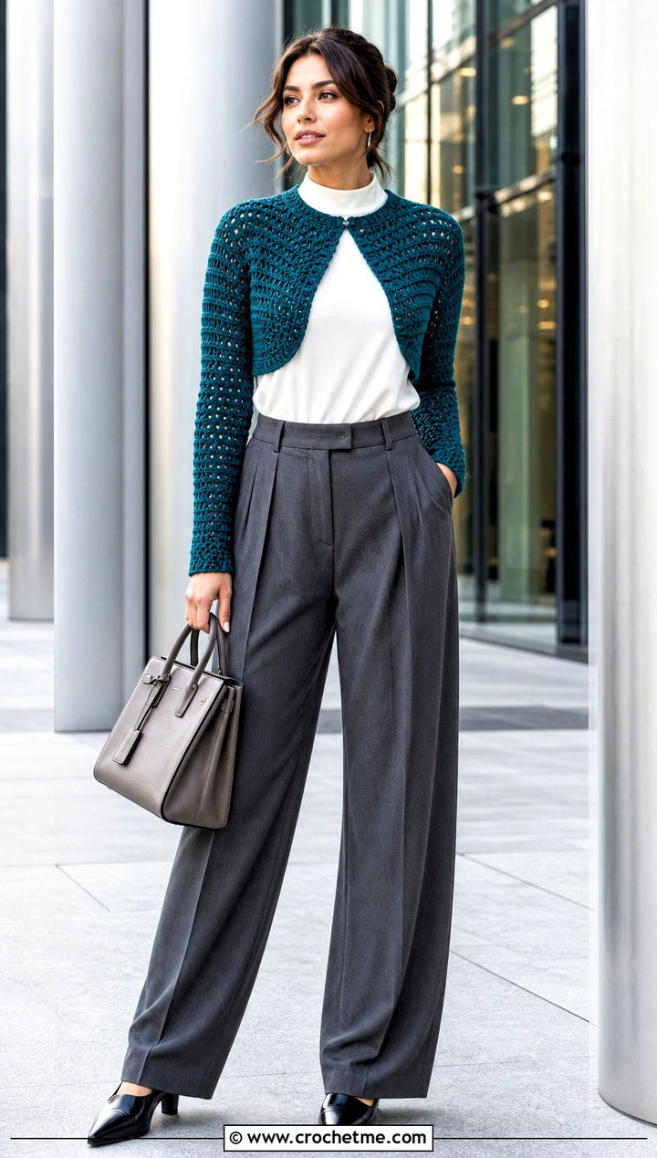 Cropped Raglan Bolero With Tailored Trousers - 25 crochet shrugs and boleros outfit ideas