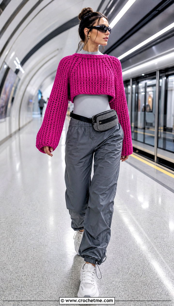 Cropped Raglan Crochet Boxy Sweater With Parachute Pants - 25 Crochet Boxy Sweater outfit ideas