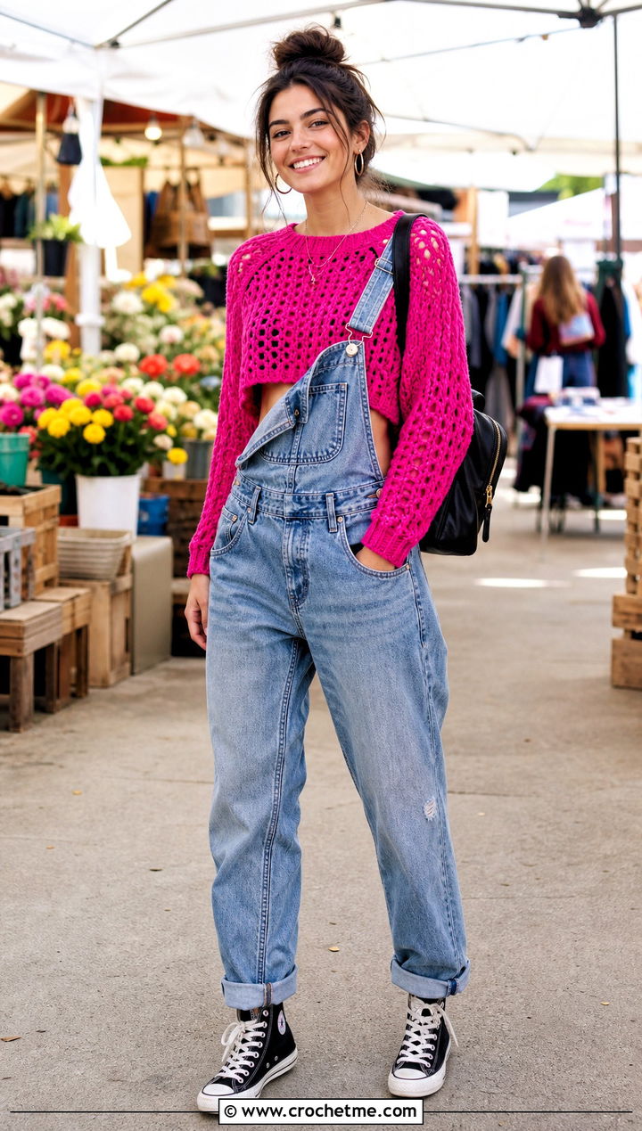 Cropped Raglan Crochet Grunge Sweater With Overalls - 30 crochet grunge sweater outfit ideas