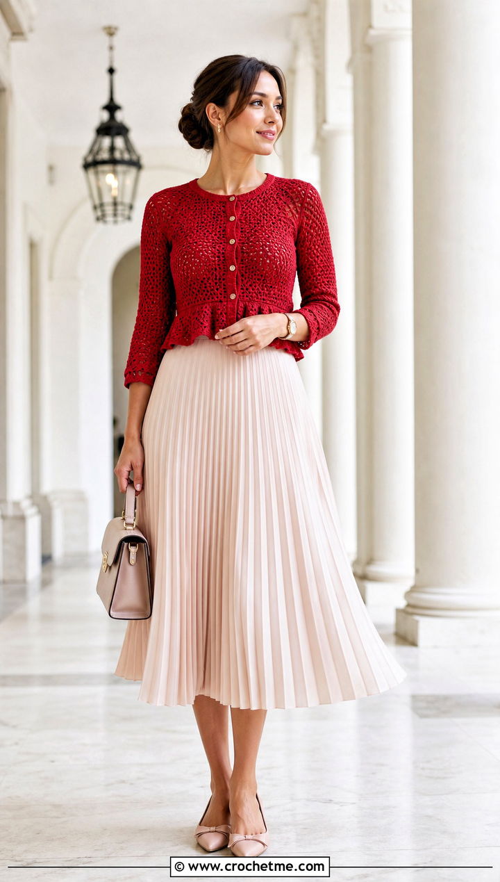 Cropped Raglan Crochet Peplum Cardigan With Pleated Midi Skirt - 25 Crochet Peplum Cardigan outfit ideas