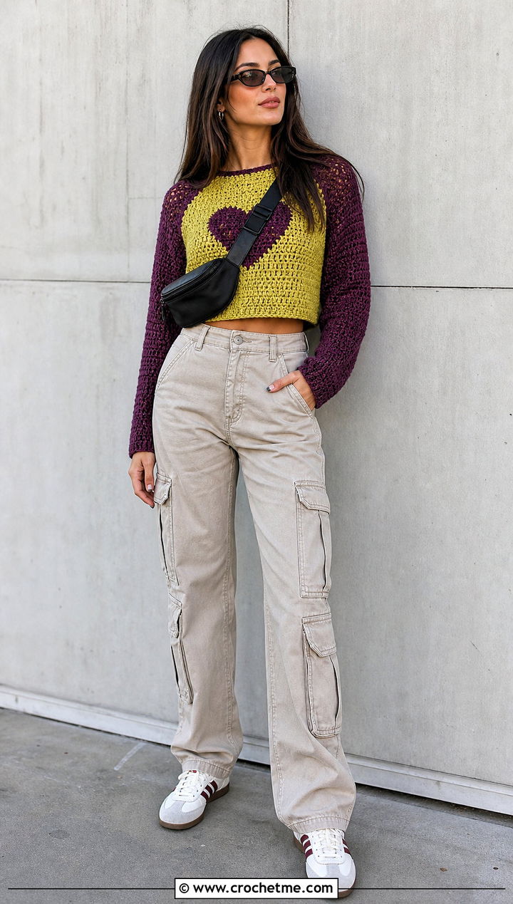 Cropped Raglan Crochet Sweater With Cargo Pants - 25 crochet valentine sweater outfit ideas