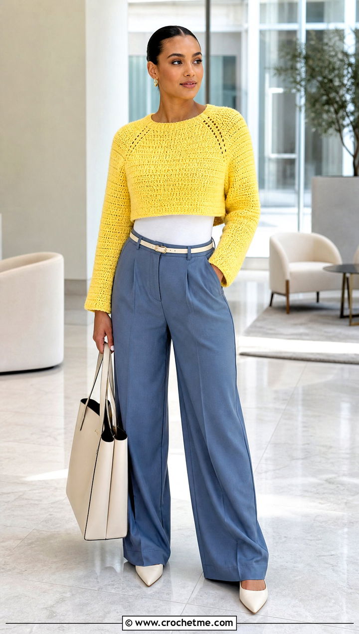 Cropped Raglan Crochet Sweater With Wide Leg Trousers - 15 Sweaters To Crochet For Women outfit ideas