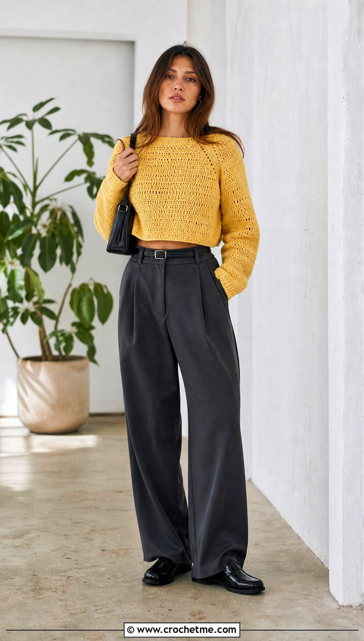 Cropped Raglan Crochet Sweater With Wide Leg Trousers - 25 Crochet Quick Sweater outfit ideas