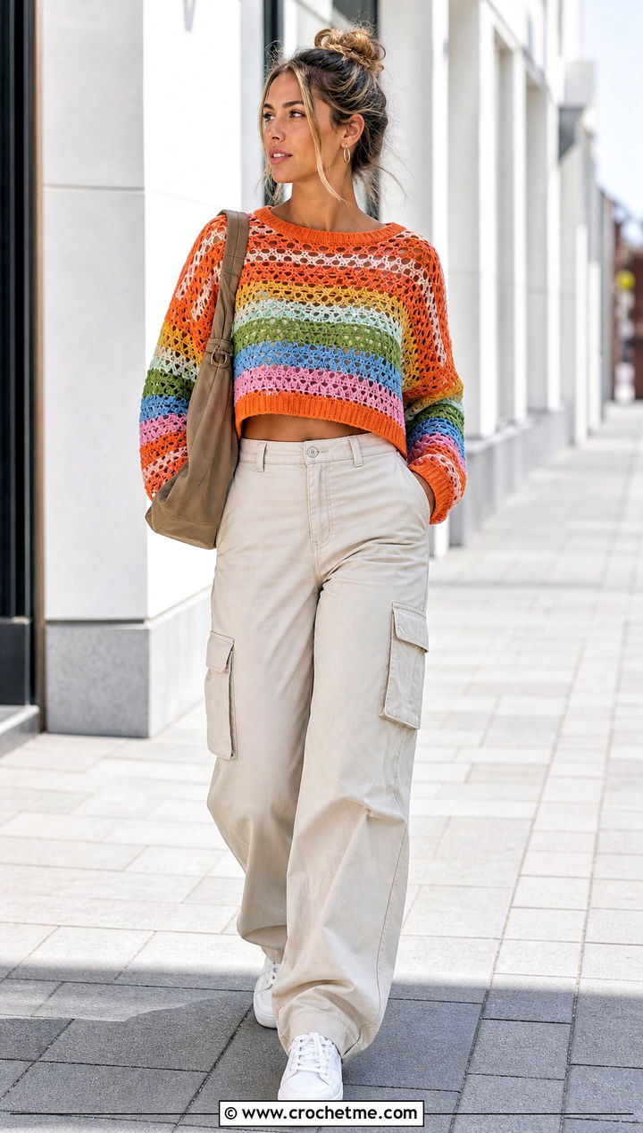 Cropped Rainbow Crochet Sweater With Cargo Pants - 20 Rainbow Crochet Sweater outfit ideas