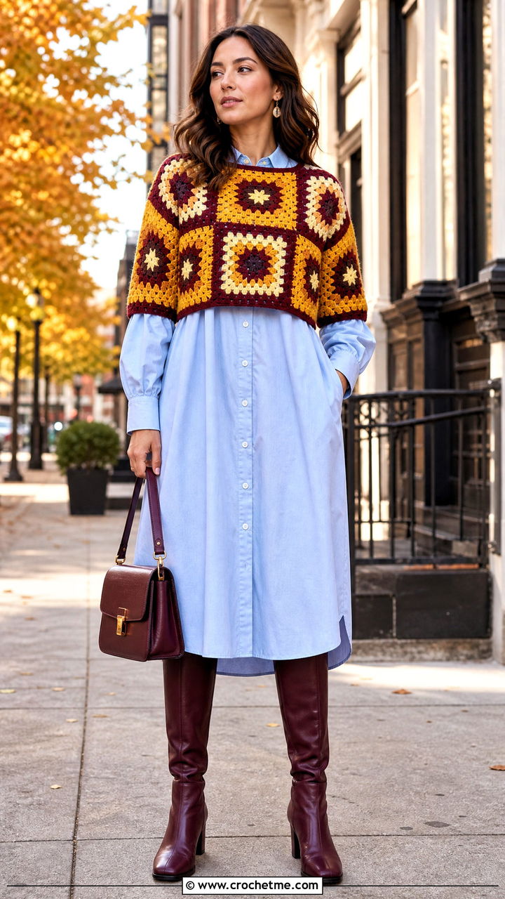 Cropped Rainbow Granny Square Crochet Sweater Over A Shirt Dress - 35 granny square crochet sweater outfit ideas