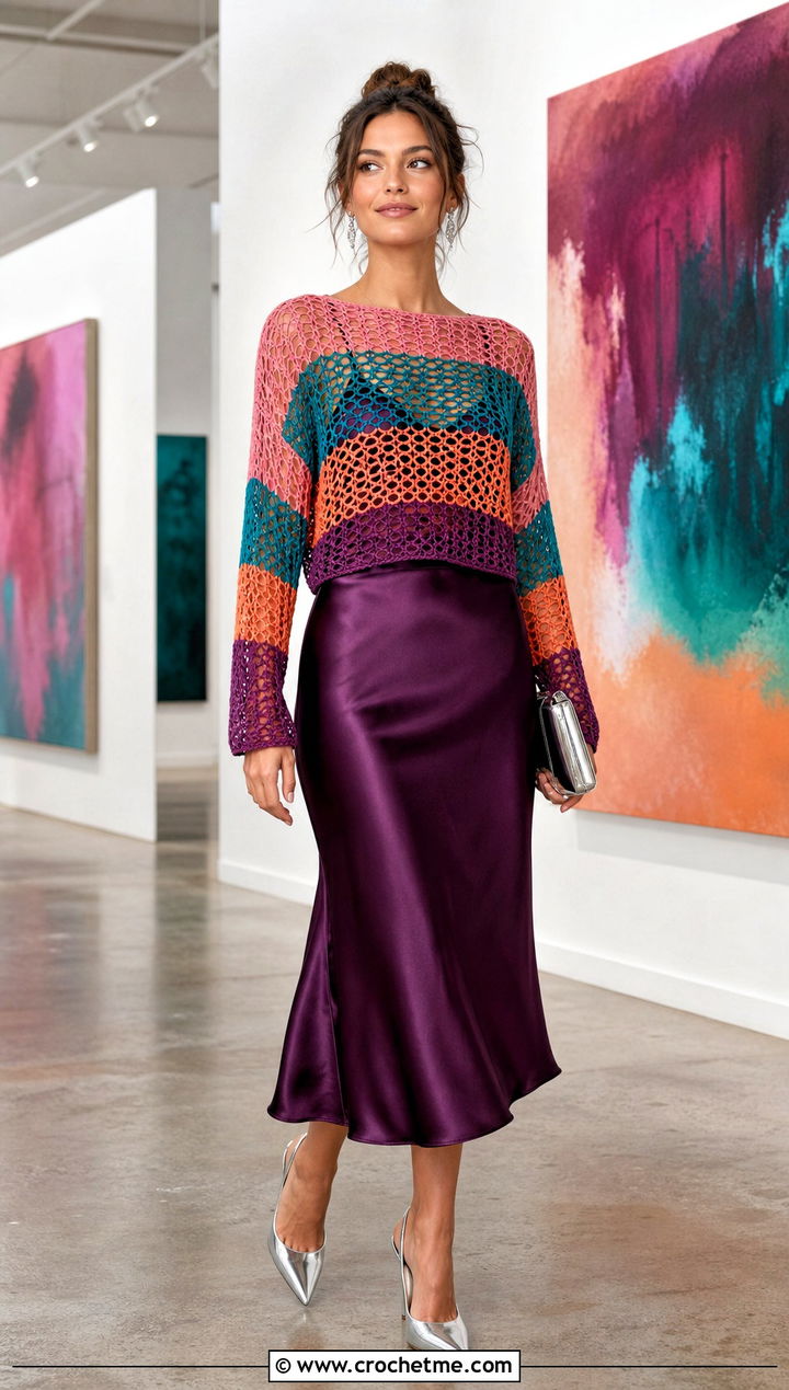 Cropped Rainbow Mesh Crochet Sweater With Satin Midi Skirt - 15 bright rainbow crochet sweater outfit ideas