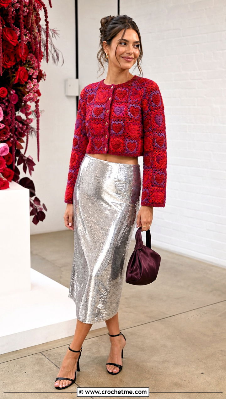 Cropped Red Heart Granny Square Cardigan With Sequin Midi Skirt - 15 red heart granny square cardigan outfit ideas