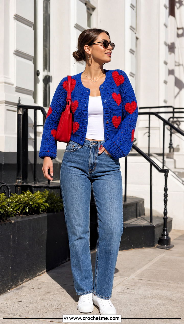 Cropped Red Heart Granny Square Cardigan With Straight Leg Jeans - 15 red heart granny square cardigan outfit ideas