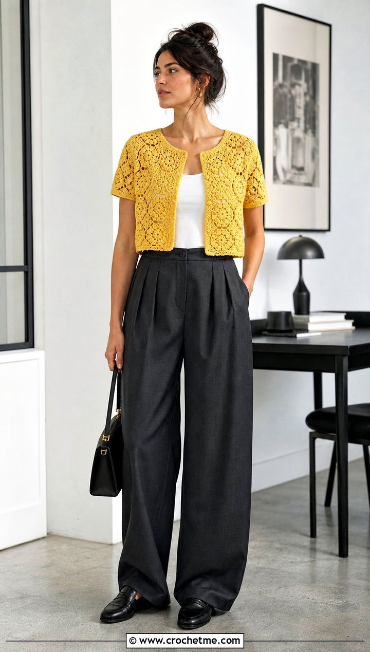 Cropped Relaxagon Crochet Shirt With Tailored Trousers - 15 relaxagon crochet shirt outfit ideas