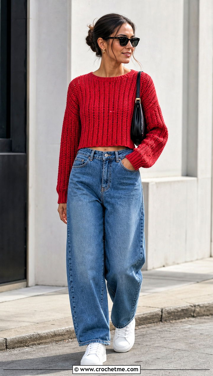 Cropped Rib Crochet Sweater With Barrel Jeans - 30 knit look crochet sweater outfit ideas
