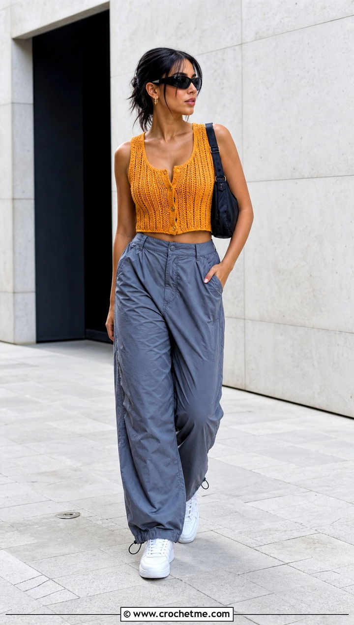 Cropped Ribbed Crochet Button Vest With Parachute Pants - 35 crochet button vest outfit ideas