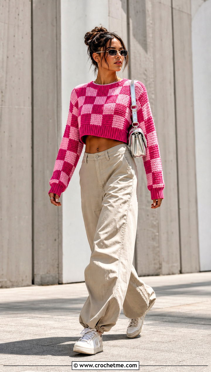 Cropped Ribbed Crochet Checker Sweater With Parachute Pants - 25 Crochet Checker Sweater outfit ideas