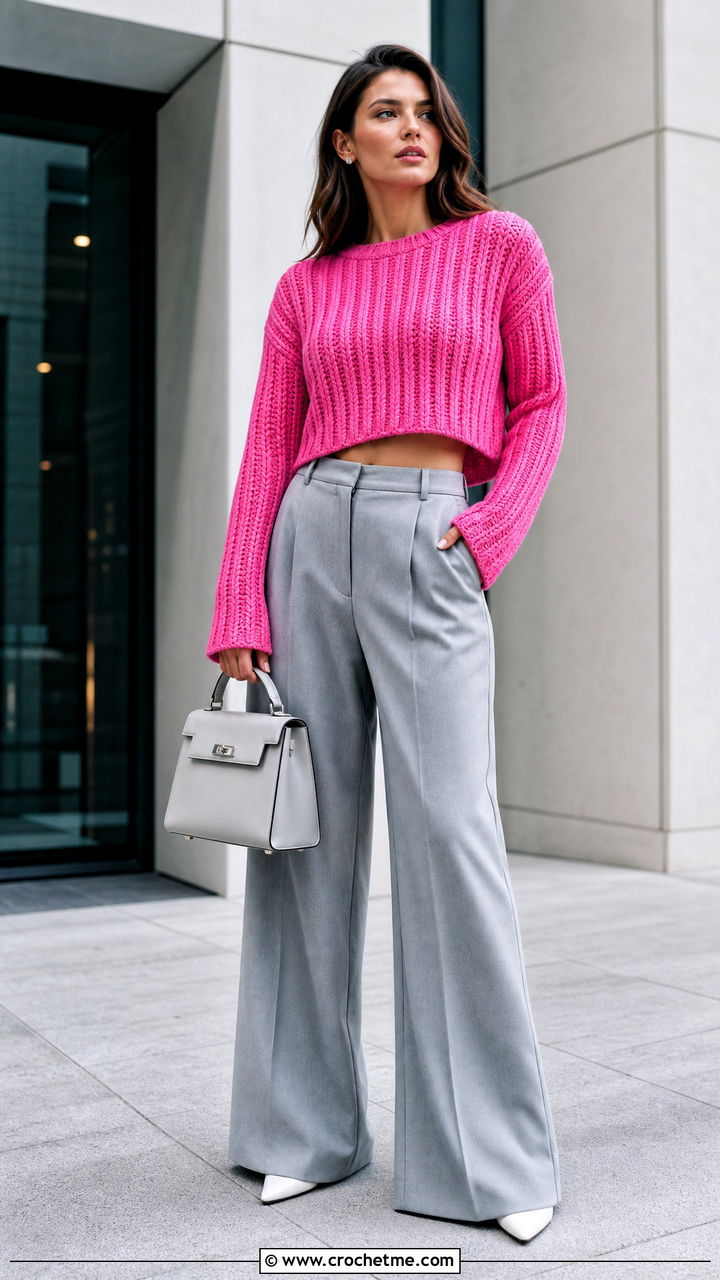 Cropped Ribbed Crochet Jumper With Wide Leg Trousers - 35 crochet jumper outfit ideas