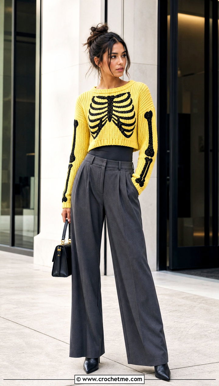 Cropped Ribbed Crochet Skeleton Sweater With Wide Leg Trousers - 30 Crochet Skeleton Sweater outfit ideas