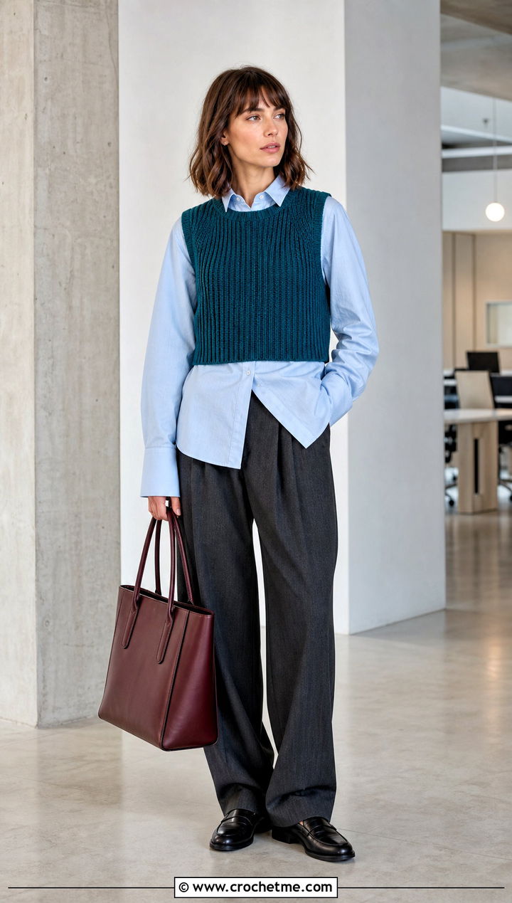 Cropped Ribbed Crochet Sweater Vest With Tailored Trousers - 25 diy crochet sweater vest outfit ideas