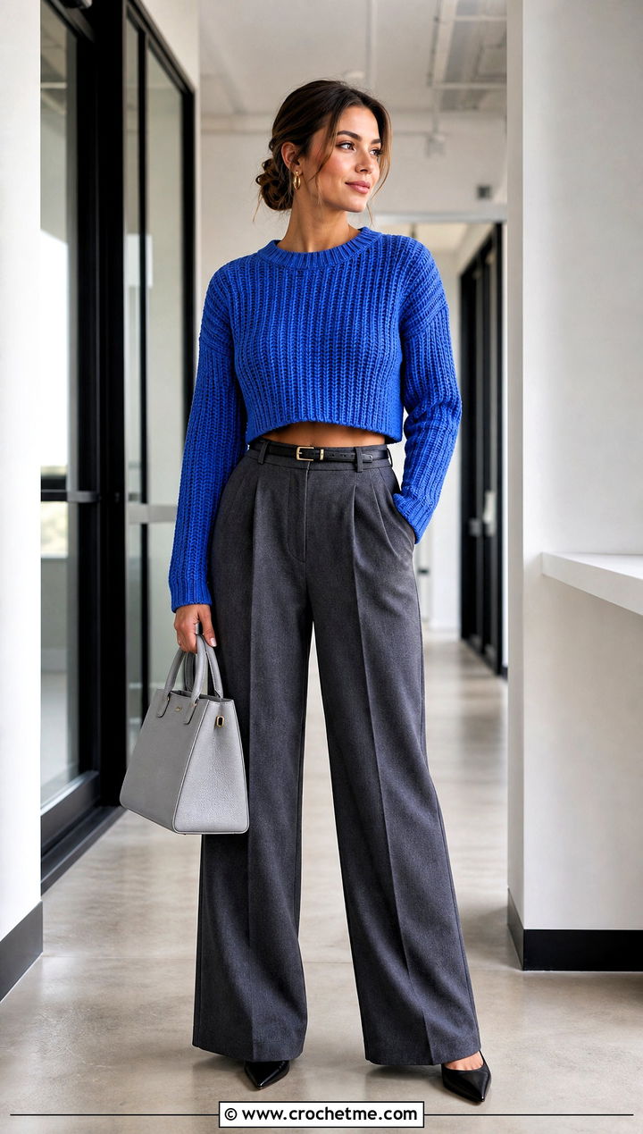 Cropped Ribbed Crochet Sweater With Wide Leg Trousers - 25 Ribbed Crochet Sweater outfit ideas