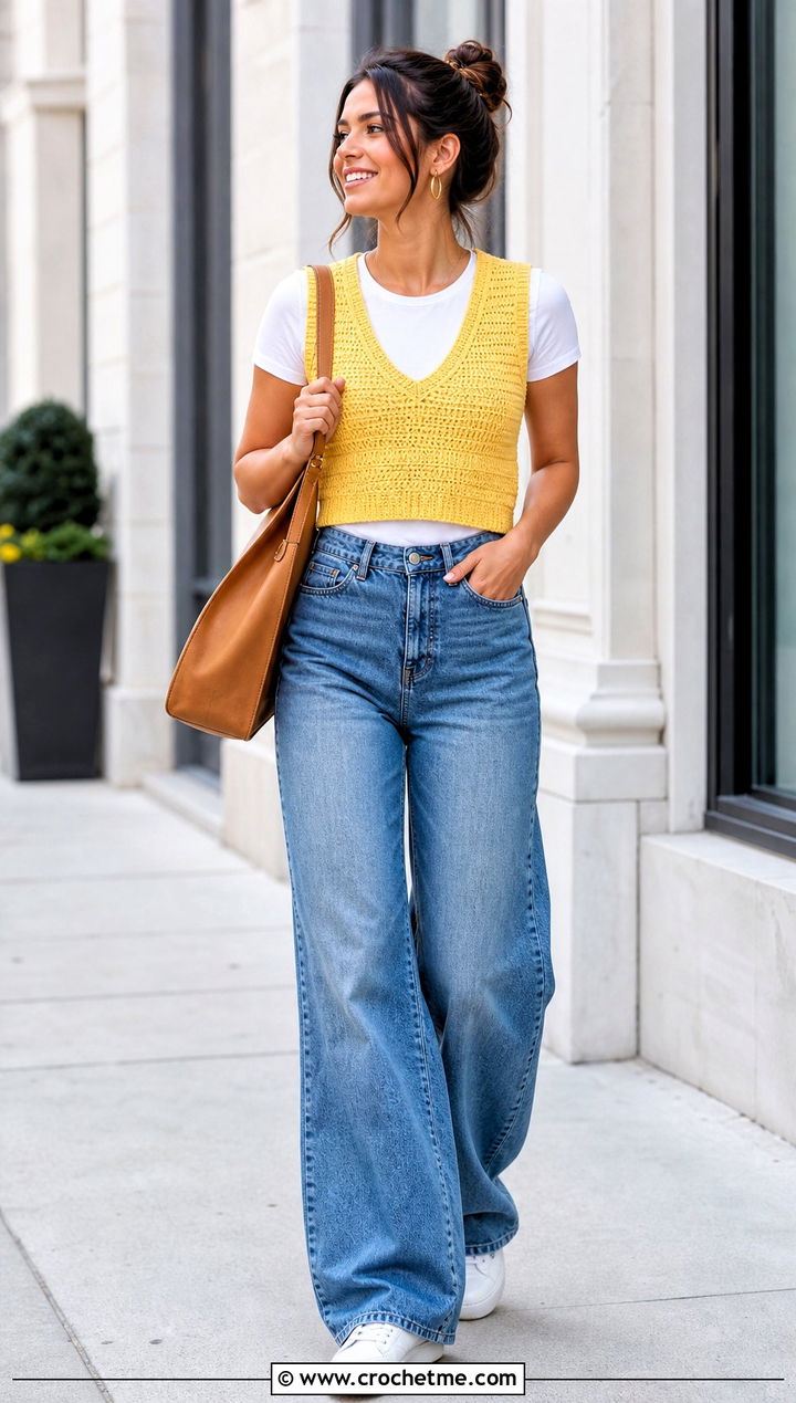 Cropped Ribbed Crochet V Neck Vest With Wide Leg Jeans - 30 crochet v neck vest outfit ideas