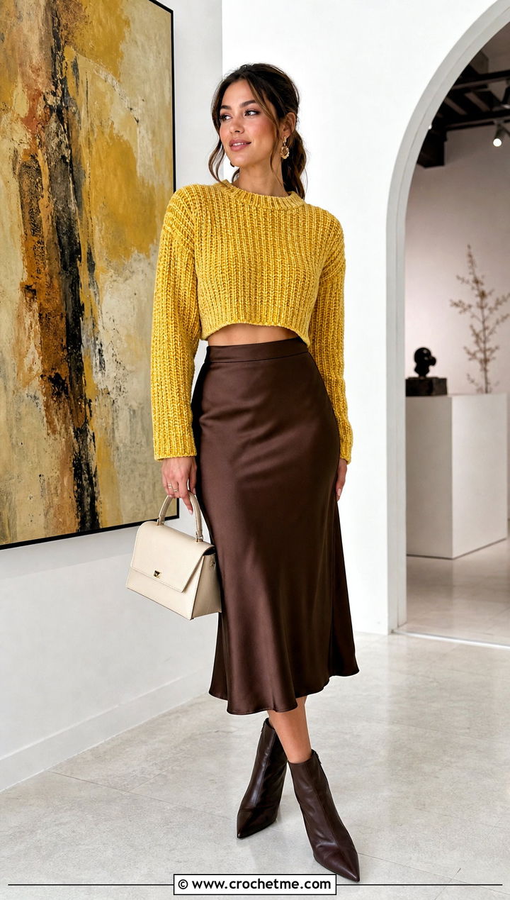 Cropped Ribbed Crochet Velvet Sweater With Satin Midi Skirt - 20 Crochet Velvet Sweater outfit ideas