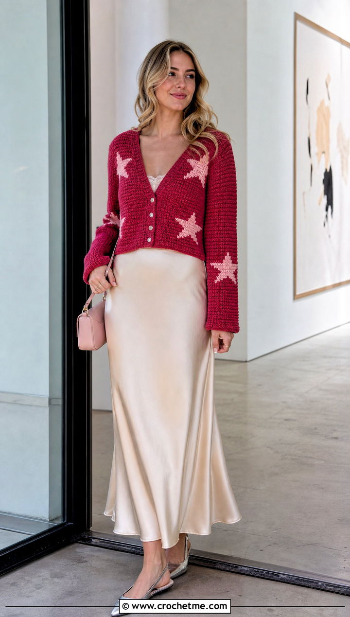 Cropped Ribbed Folklore Crochet Cardigan With Satin Maxi Skirt - 25 Taylor Swift Folklore Crochet Cardigan outfit ideas