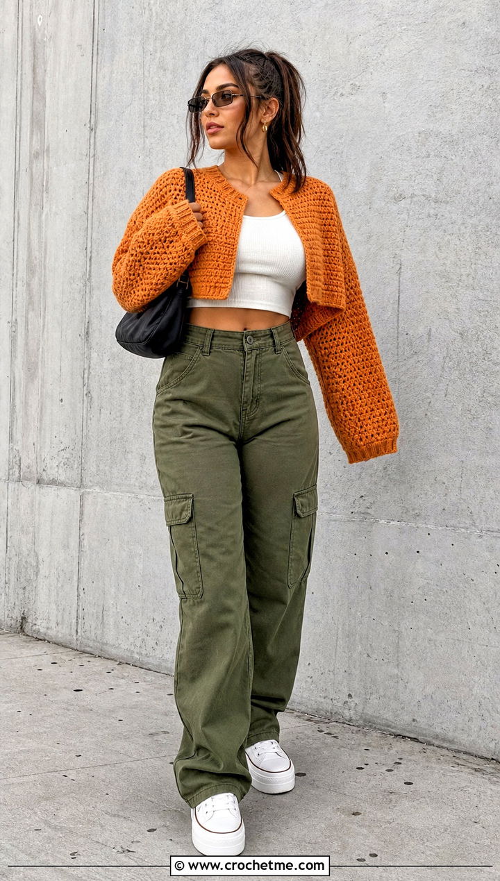 Cropped Ribbed Grandpa Crochet Sweater With Cargo Pants - 15 Grandpa Crochet Sweater outfit ideas