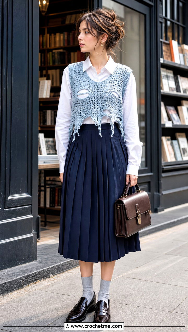 Cropped Ripped Crochet Vest With Pleated Skirt - 25 Ripped Crochet Top outfit ideas