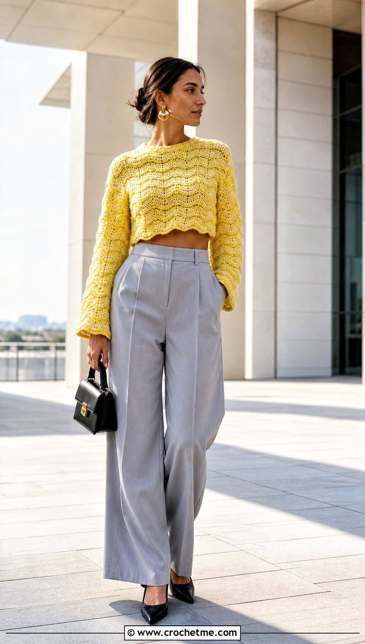 Cropped Ripple Crochet Sweater With Wide Leg Trousers - 20 Ripple Crochet Sweater outfit ideas
