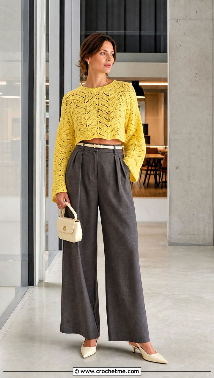 Cropped Ripple Crochet Sweater With Wide Leg Trousers - 35 wavy crochet sweater outfit ideas