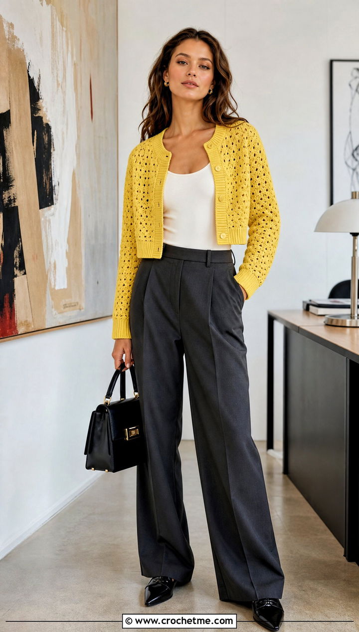 Cropped Riverbed Crochet Cardigan With Wide Leg Trousers - 25 riverbed crochet cardigan outfit ideas